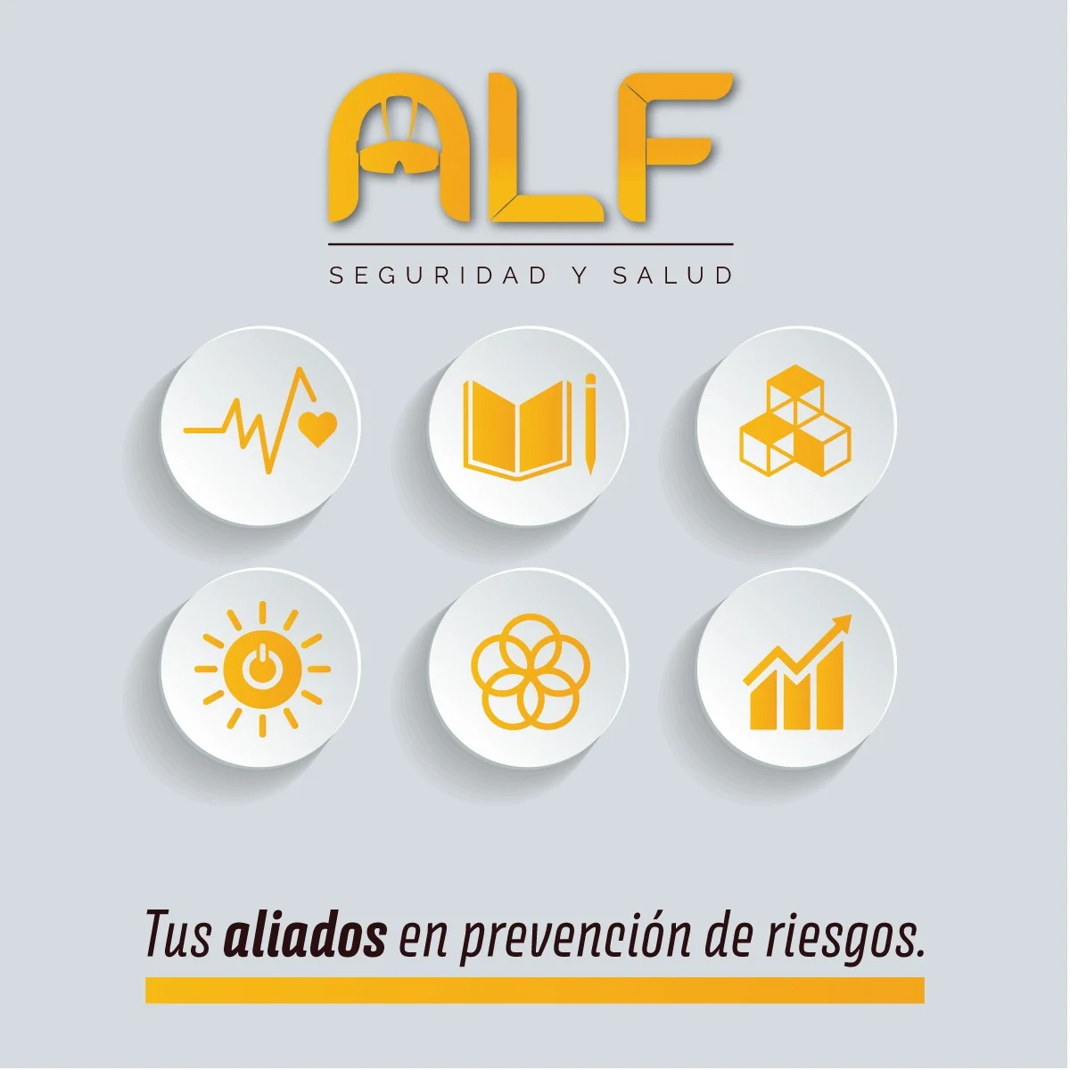 Personas trabajando en planos con cascos de seguridad y logo de ALF